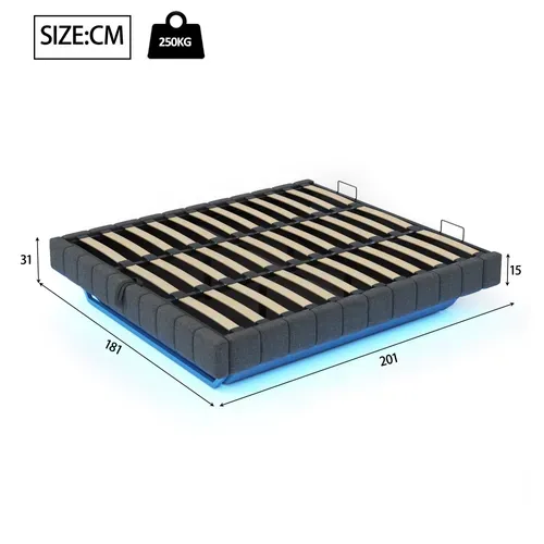 Lit Coffre Double 180x200 Cm, Lit Adulte Flottante, Rangement, LED, Sans Tête De Lit, Lin Gris