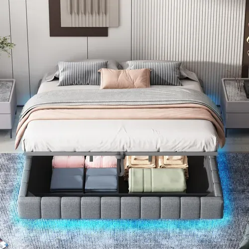 Lit Coffre Double 180x200 Cm, Lit Adulte Flottante, Rangement, LED, Sans Tête De Lit, Lin Gris