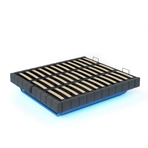 Lit Coffre Double 180x200 Cm, Lit Adulte Flottante, Rangement, LED, Sans Tête De Lit, Lin Gris