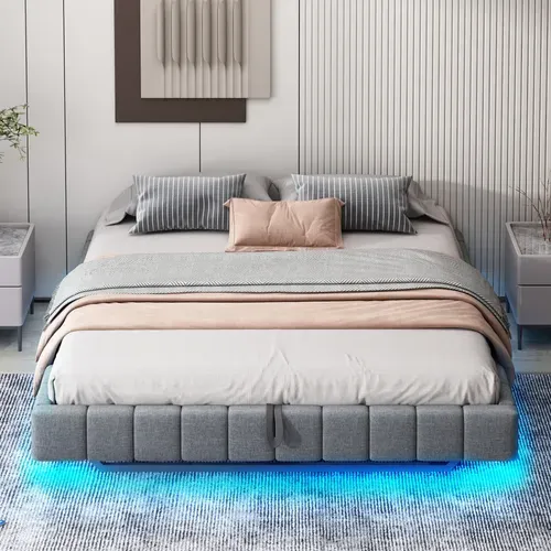 Lit Coffre Double 180x200 Cm, Lit Adulte Flottante, Rangement, LED, Sans Tête De Lit, Lin Gris