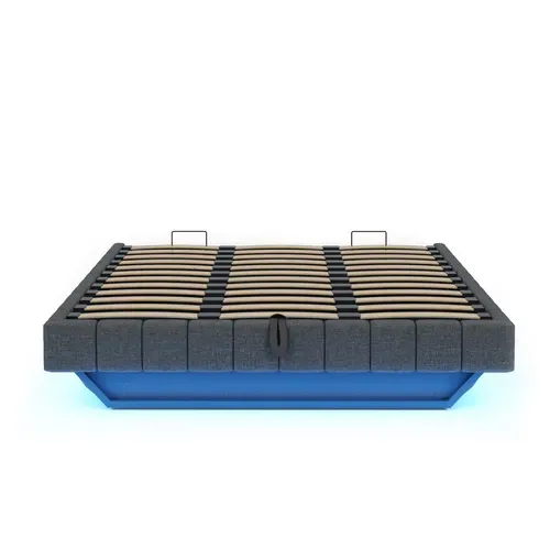 Lit Coffre Double 180x200 Cm, Lit Adulte Flottante, Rangement, LED, Sans Tête De Lit, Lin Gris