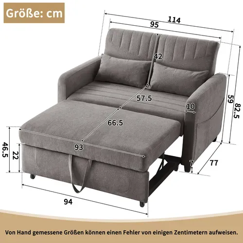 Canapé Convertible 143.5x114x82.5cm, Dossier 3 Positions, Mousse Haute Densité, Tissu Coton-lin Gris