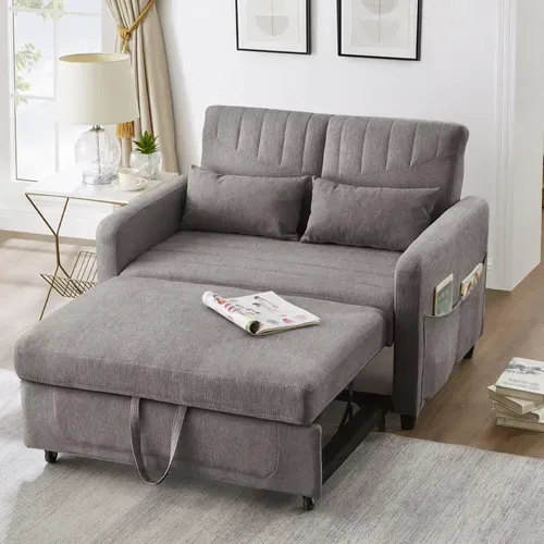 Canapé Convertible 143.5x114x82.5cm, Dossier 3 Positions, Mousse Haute Densité, Tissu Coton-lin Gris