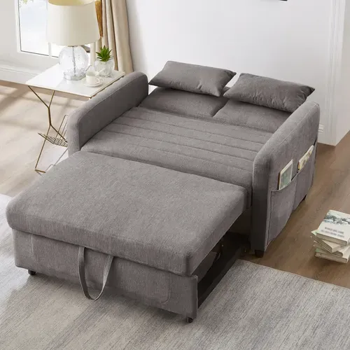 Canapé Convertible 143.5x114x82.5cm, Dossier 3 Positions, Mousse Haute Densité, Tissu Coton-lin Gris