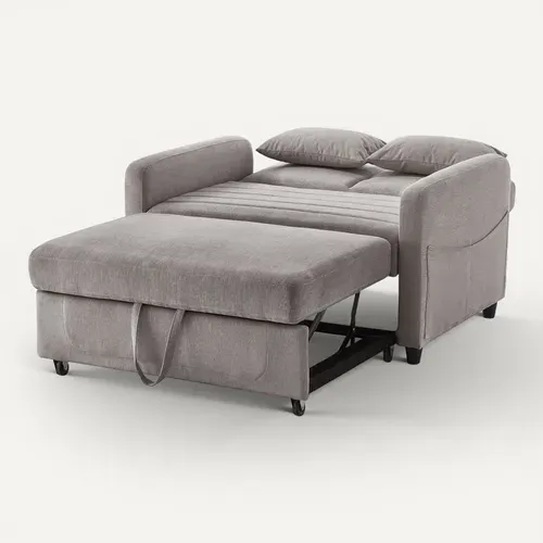 Canapé Convertible 143.5x114x82.5cm, Dossier 3 Positions, Mousse Haute Densité, Tissu Coton-lin Gris