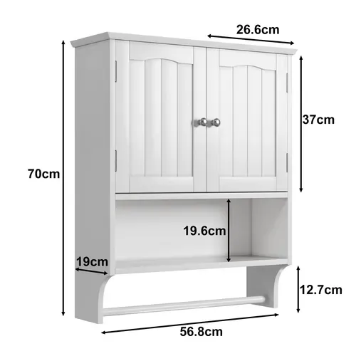 Armoire Murale Salle De Bain 56,8x19x70 Cm, Portes Et Étagères Réglables, 1 Niche, Mdf, Blanche