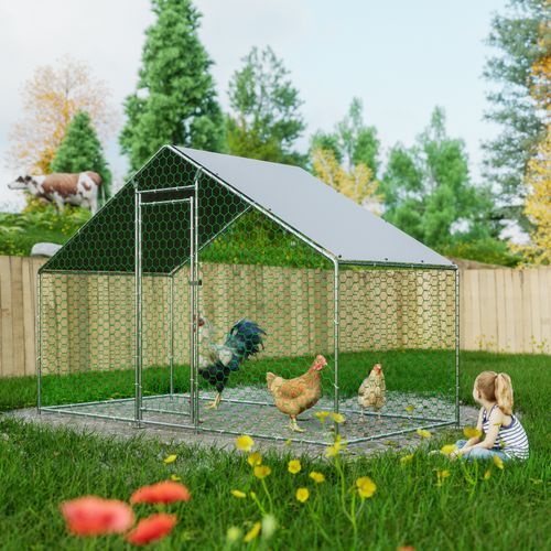 Enclos Pour Poules 303x157x200 Cm, Serrure De Sécurité, Bâche Pe Étanche, Métal, Argenté Et Vert