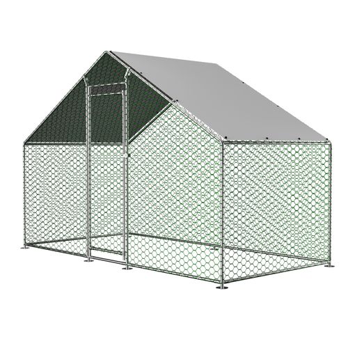 Enclos Pour Poules 303x157x200 Cm, Serrure De Sécurité, Bâche Pe Étanche, Métal, Argenté Et Vert