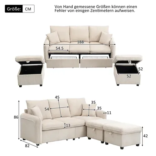 Canapé Angle Fixe 3 Places, Convertible En L, 2 Tiroirs, 2 Poufs Avec Coffre, Velours Côtelé Beige