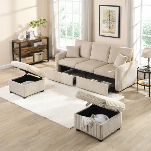 Canapé Angle Fixe 3 Places, Convertible En L, 2 Tiroirs, 2 Poufs Avec Coffre, Velours Côtelé Beige