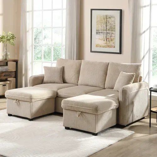 Canapé Angle Fixe 3 Places, Convertible En L, 2 Tiroirs, 2 Poufs Avec Coffre, Velours Côtelé Beige
