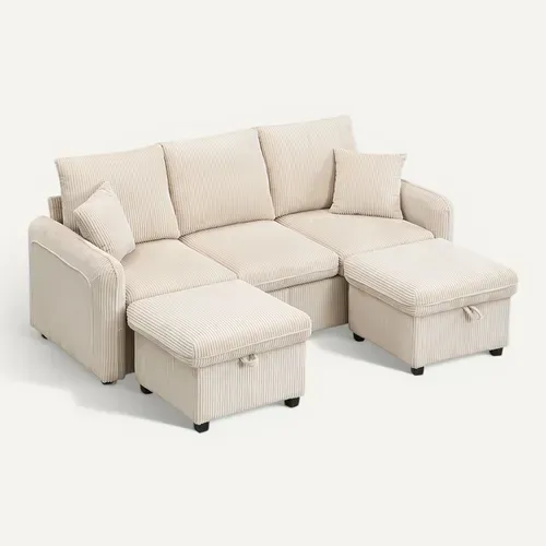Canapé Angle Fixe 3 Places, Convertible En L, 2 Tiroirs, 2 Poufs Avec Coffre, Velours Côtelé Beige