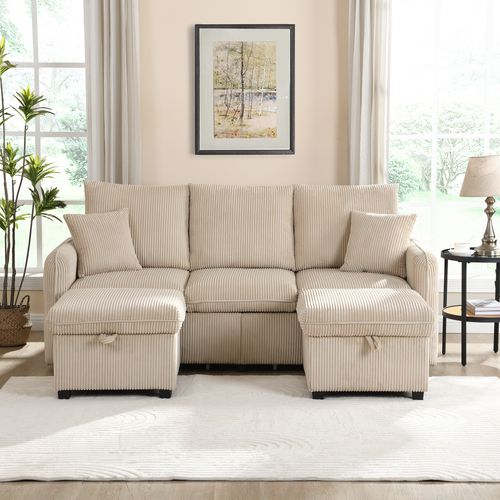 Canapé Angle Fixe 3 Places, Convertible En L, 2 Tiroirs, 2 Poufs Avec Coffre, Velours Côtelé Beige