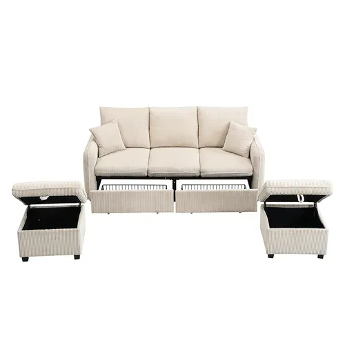 Canapé Angle Fixe 3 Places, Convertible En L, 2 Tiroirs, 2 Poufs Avec Coffre, Velours Côtelé Beige