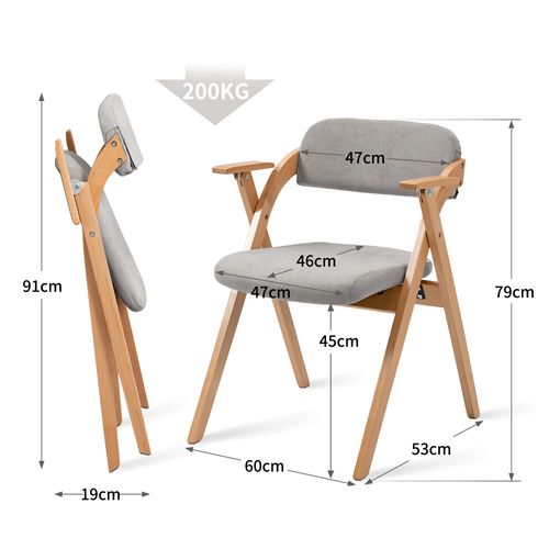 Lot De 2 Chaise Pliante 60x53x79 Cm, Avec Accoudoirs, Housse Amovible, Bois, Gris