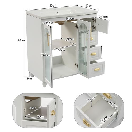 Meuble De Rangement Salle De Bain 80x47x90 Cm, Vasque En Céramique, 3 Portes, 3 Tiroirs, Mdf, Blanc