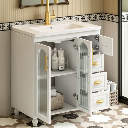 Meuble De Rangement Salle De Bain 80x47x90 Cm, Vasque En Céramique, 3 Portes, 3 Tiroirs, Mdf, Blanc