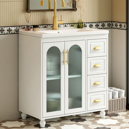 Meuble De Rangement Salle De Bain 80x47x90 Cm, Vasque En Céramique, 3 Portes, 3 Tiroirs, Mdf, Blanc