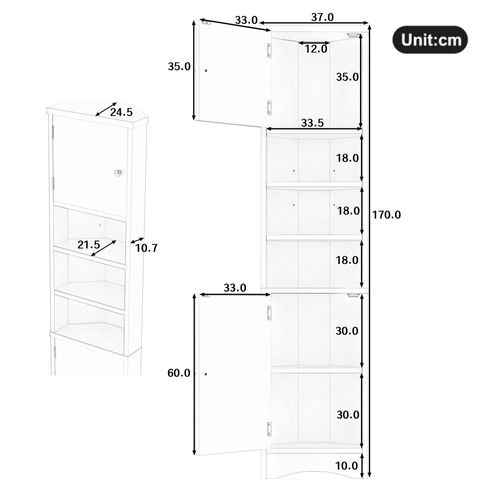 Meuble De Salle De Bain 37x24.5x170 Cm, Laque Résistante à L'humidité, 2 Portes, 3 Niches, Mdf, Gris