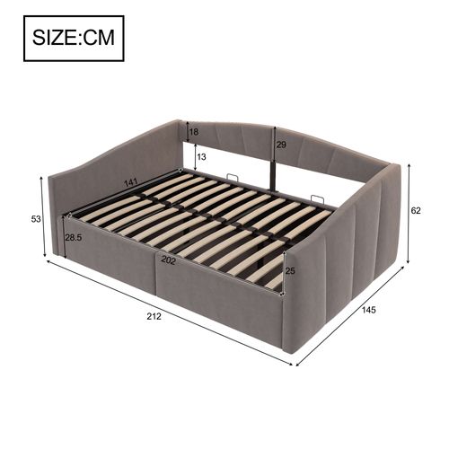 Lit Coffre Double 140x200 Cm, Lit Adulte, Canapé-lit Moderne, Métal, Mdf, Velours Gris