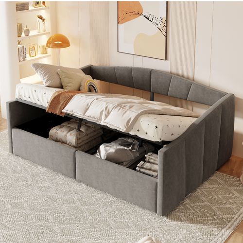 Lit Coffre Double 140x200 Cm, Lit Adulte, Canapé-lit Moderne, Métal, Mdf, Velours Gris