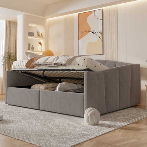 Lit Coffre Double 140x200 Cm, Lit Adulte, Canapé-lit Moderne, Métal, Mdf, Velours Gris