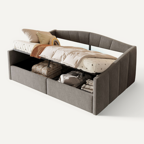 Lit Coffre Double 140x200 Cm, Lit Adulte, Canapé-lit Moderne, Métal, Mdf, Velours Gris