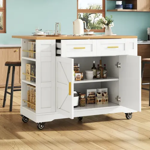 Îlot De Cuisine 120x40/65x90 Cm, Plateau Extensible, 2 Portes, 2 Tiroirs, Mdf, Blanc