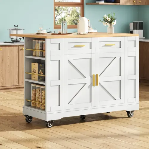 Îlot De Cuisine 120x40/65x90 Cm, Plateau Extensible, 2 Portes, 2 Tiroirs, Mdf, Blanc