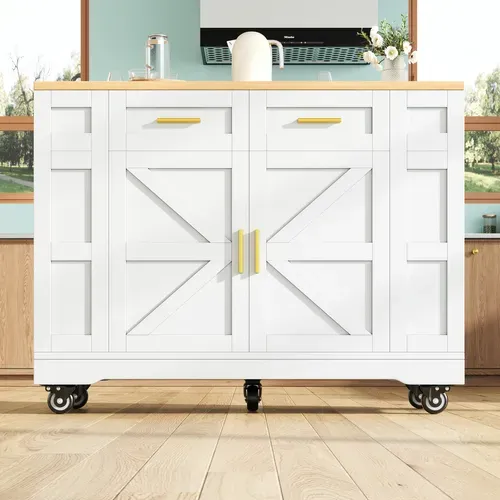 Îlot De Cuisine 120x40/65x90 Cm, Plateau Extensible, 2 Portes, 2 Tiroirs, Mdf, Blanc