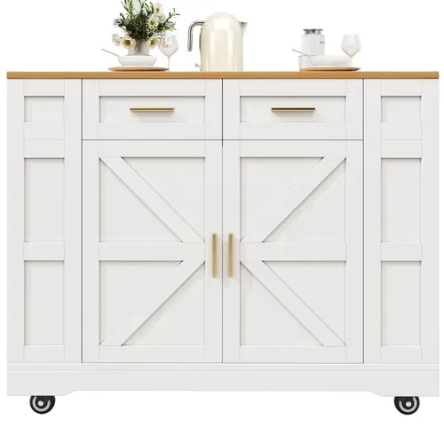 Îlot De Cuisine 120x40/65x90 Cm, Plateau Extensible, 2 Portes, 2 Tiroirs, Mdf, Blanc