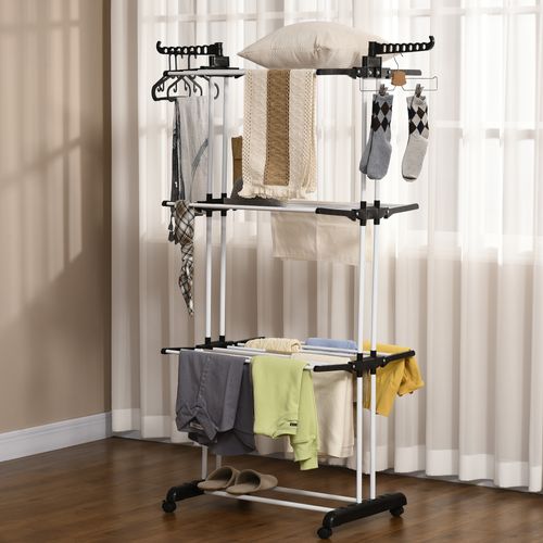 étendoir À Linge 73x64x177 Cm, 4 Niveaux Pliables Avec Roulettes, Acier Et Plastique, Noir