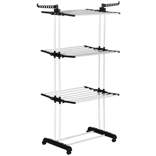 étendoir À Linge 73x64x177 Cm, 4 Niveaux Pliables Avec Roulettes, Acier Et Plastique, Noir