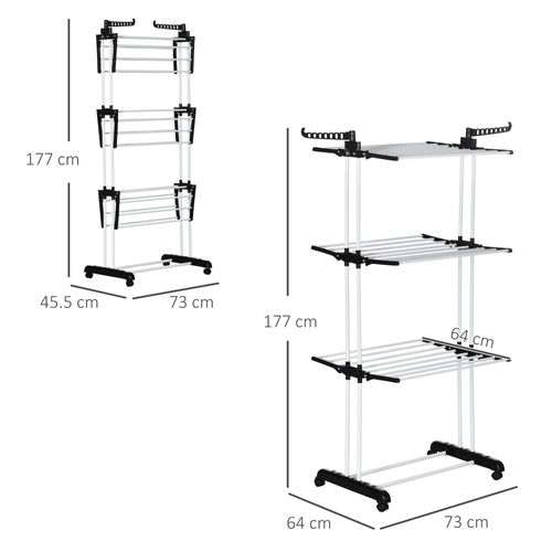 étendoir À Linge 73x64x177 Cm, 4 Niveaux Pliables Avec Roulettes, Acier Et Plastique, Noir