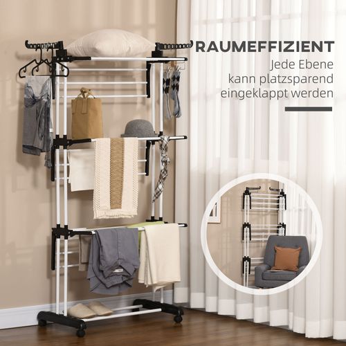 étendoir À Linge 73x64x177 Cm, 4 Niveaux Pliables Avec Roulettes, Acier Et Plastique, Noir