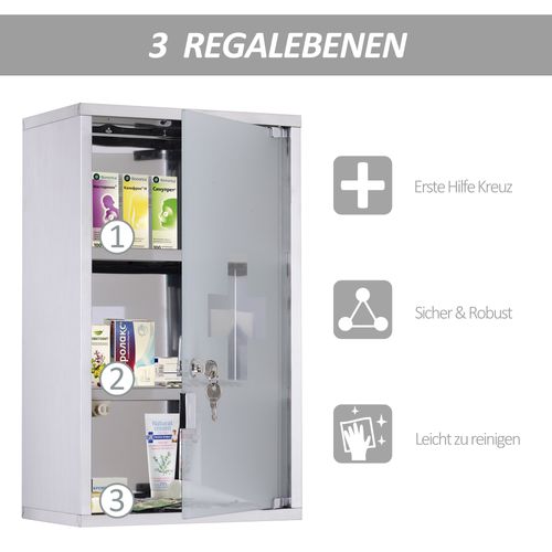 Armoire à Pharmacie 30x12x60 Cm, Porte Verrouillable En Verre Satiné, Acier Inoxydable, Argent