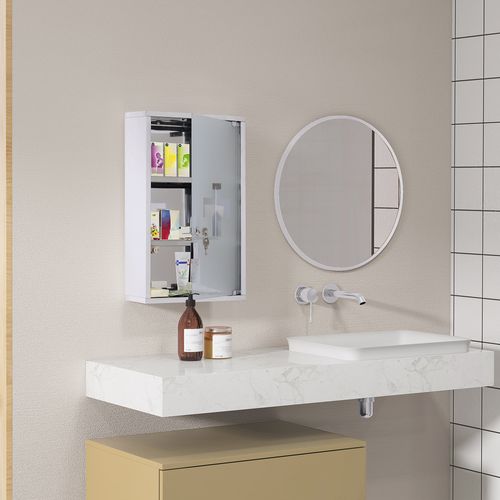 Armoire à Pharmacie 30x12x60 Cm, Porte Verrouillable En Verre Satiné, Acier Inoxydable, Argent