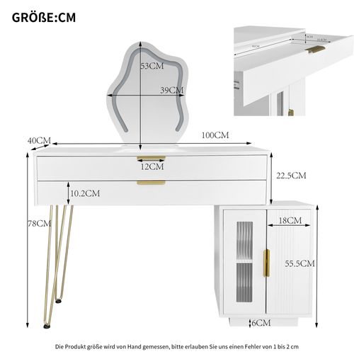 Coiffeuse 100x40x78 Cm, Miroir à LED, 2 Tiroirs, 2 Niches, Métal Et Panneaux De Particules, Blanc