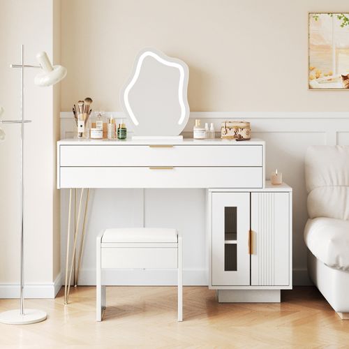 Coiffeuse 100x40x78 Cm, Miroir à LED, 2 Tiroirs, 2 Niches, Métal Et Panneaux De Particules, Blanc