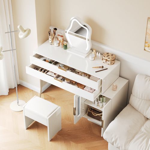 Coiffeuse 100x40x78 Cm, Miroir à LED, 2 Tiroirs, 2 Niches, Métal Et Panneaux De Particules, Blanc
