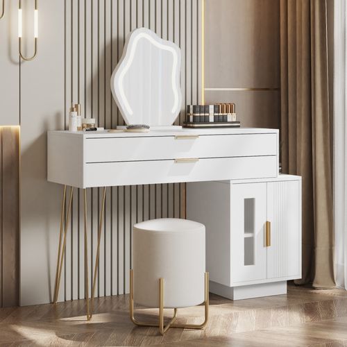 Coiffeuse 100x40x78 Cm, Miroir à LED, 2 Tiroirs, 2 Niches, Métal Et Panneaux De Particules, Blanc