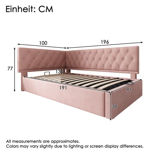 Lit Coffre 90x190 Cm, Lit Enfant, Design En L, Rangement Caché,, Métal, Bois, Velours, Rose