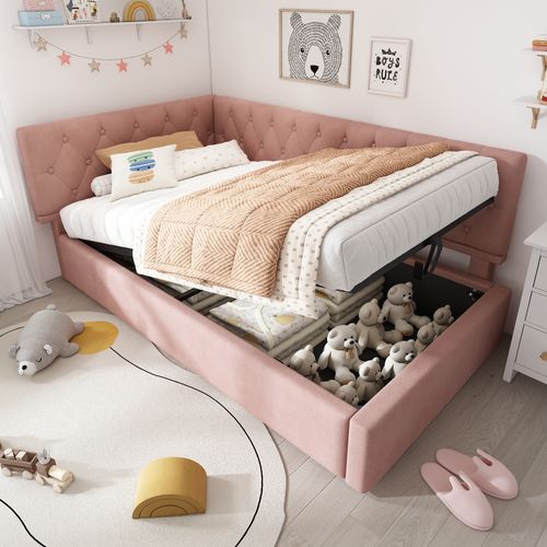 Lit Coffre 90x190 Cm, Lit Enfant, Design En L, Rangement Caché,, Métal, Bois, Velours, Rose