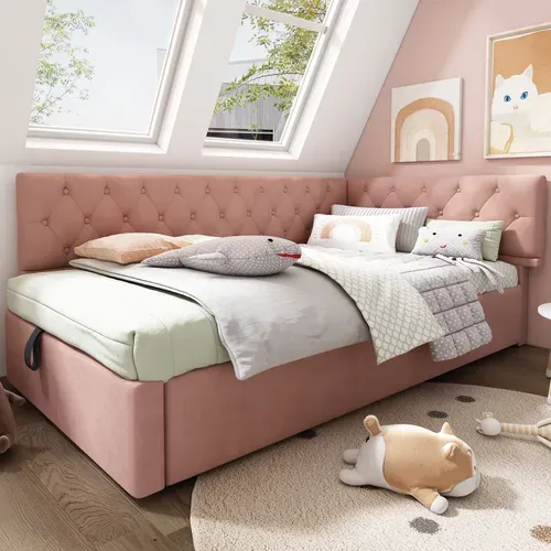 Lit Coffre 90x190 Cm, Lit Enfant, Design En L, Rangement Caché,, Métal, Bois, Velours, Rose