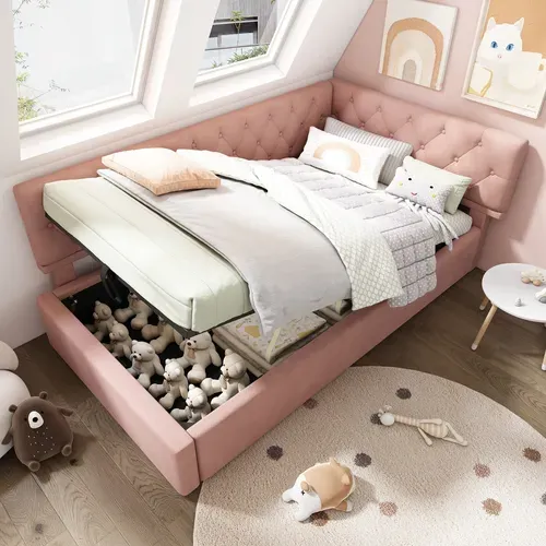 Lit Coffre 90x190 Cm, Lit Enfant, Design En L, Rangement Caché,, Métal, Bois, Velours, Rose