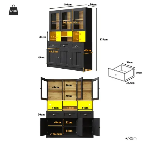 Buffet Haut 140x40x175cm, LED Multicolore, 3 Tiroir, 6 Porte, 3 Niche, Commande Via Appli, Mdf, Noir