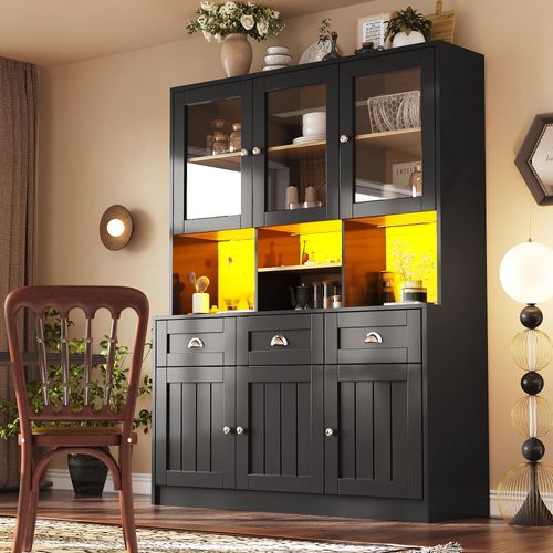 Buffet Haut 140x40x175cm, LED Multicolore, 3 Tiroir, 6 Porte, 3 Niche, Commande Via Appli, Mdf, Noir