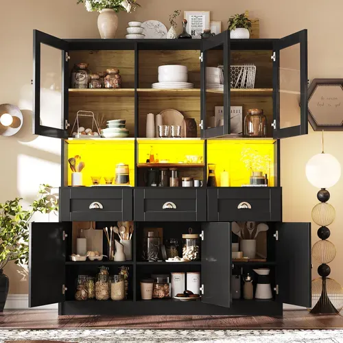 Buffet Haut 140x40x175cm, LED Multicolore, 3 Tiroir, 6 Porte, 3 Niche, Commande Via Appli, Mdf, Noir