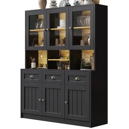 Buffet Haut 140x40x175cm, LED Multicolore, 3 Tiroir, 6 Porte, 3 Niche, Commande Via Appli, Mdf, Noir