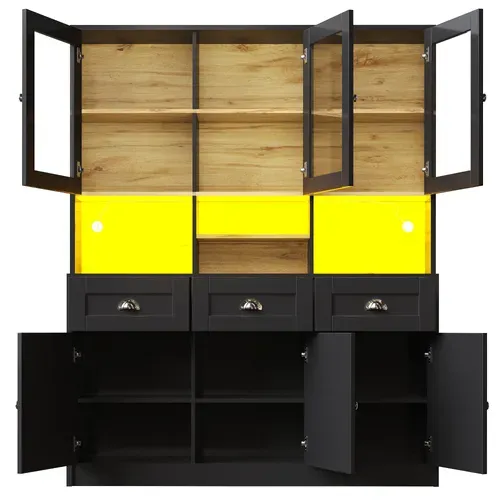 Buffet Haut 140x40x175cm, LED Multicolore, 3 Tiroir, 6 Porte, 3 Niche, Commande Via Appli, Mdf, Noir